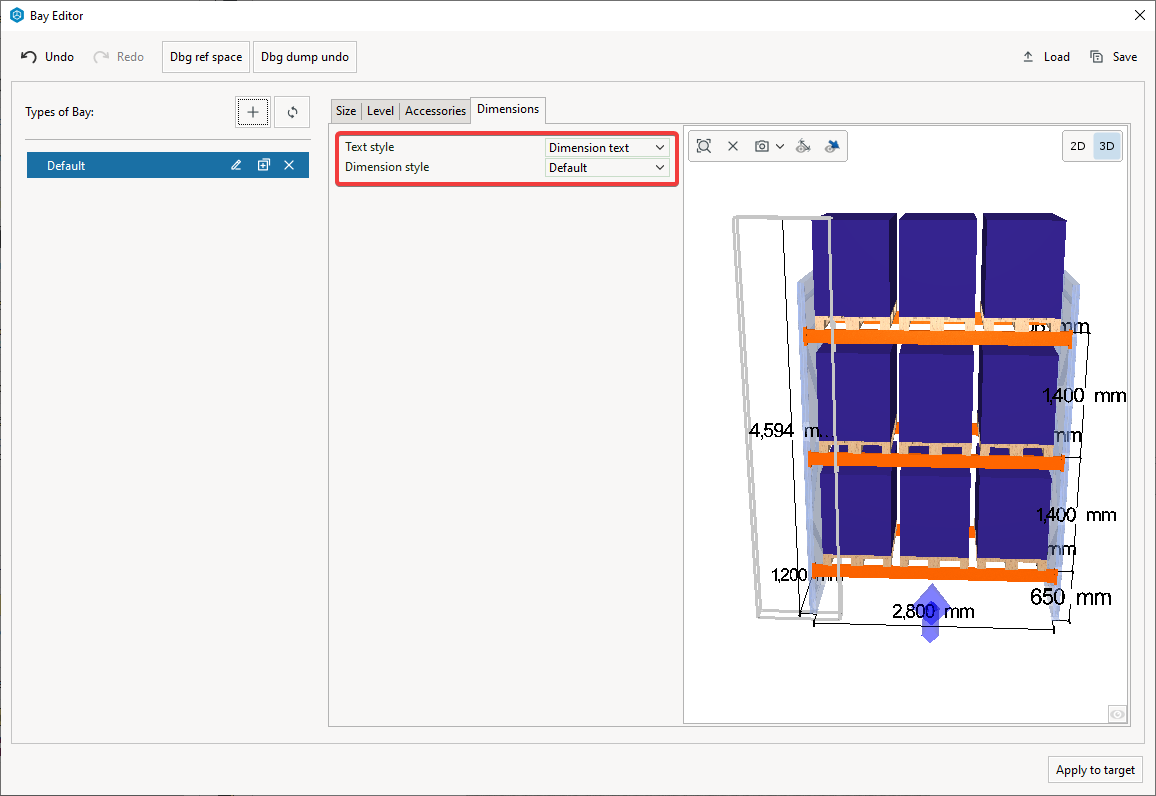 Bay Editor Dimensions tab